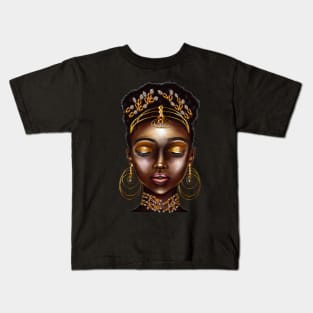 Queen Black empress beautiful black girl with Gold earrings, ornate headdress,  brown eyes looking  upwards and dark brown skin ! Kids T-Shirt